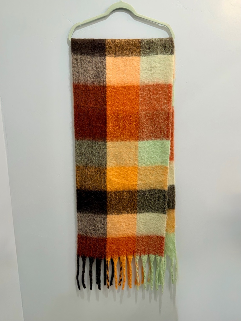 Steve Madden Multicolor Plaid Oversized Fringe Scarf Wrap Orange Brown Mint Boho - Picture 8 of 9